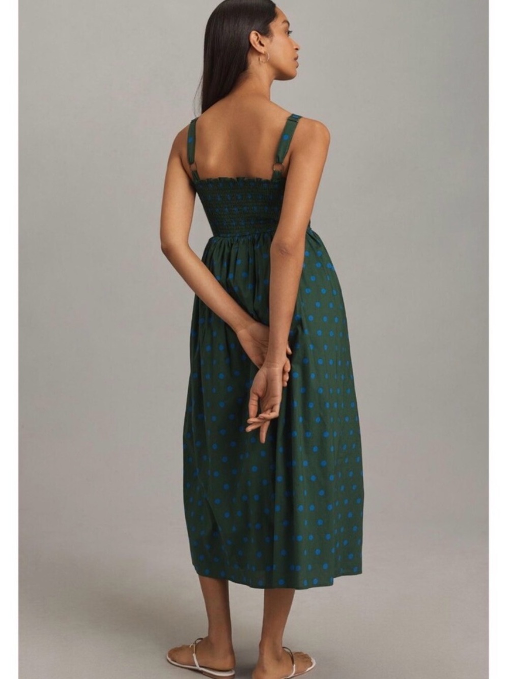 Anthropologie Pinnacle Smocked A-Line Midi Dress - Green with BluePolka Dots - M - Picture 4 of 9